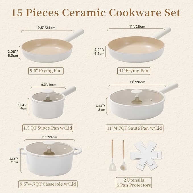 JEETEE Ceramic Cookware Set, 15 PCS Pots and Pans Set Non Stick with Removable Handles, Non Toxic Induction Kitchen Cookware Sets, Oven Safe PFAS/PFOA Free Cream