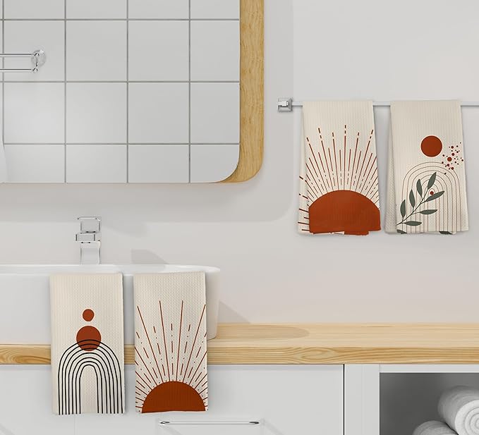 Boho Abstract Red Sunshine Kitchen Towels and Dishcloths Set of 4, Boho Mid Century Modern Abstract Minimalist Sunshine Drying Cloth Hand Dish Tea Towels for Bathroom Kitchen, 16x24 Inches
