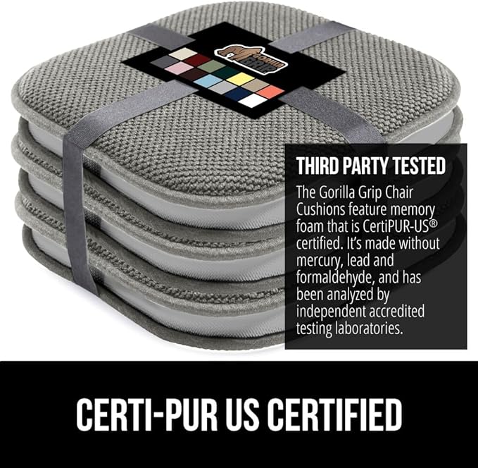 GORILLA GRIP Chair Cushions, Set of 8, 16x16, Memory Foam Pads for Dining Room, Kitchen Table, Office Desk, Rocking Chairs, Stay in Place Backing, Comfortable Microfiber Seat Cover Pad Cushion, Gray
