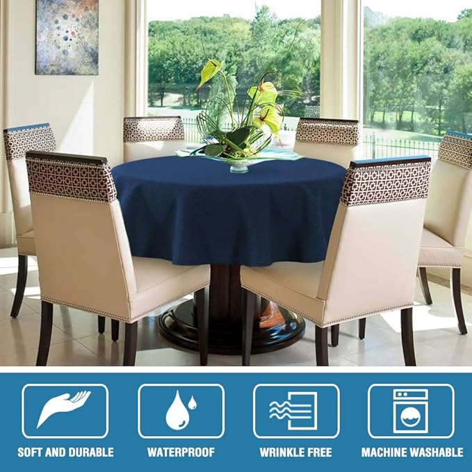 H.VERSAILTEX Linen Textured Tablecloth Round 70 inch Waterproof Decorative Table Cloth Spill-Proof Linen Look Cover for Party Table Extra Soft and Thick Fabric Wrinkle Free, Heather Navy