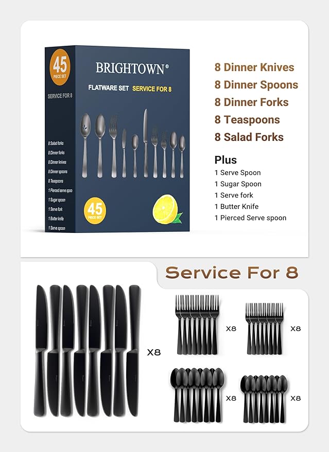 Black Silverware Set, 45-Piece Flatware Set Service for 8, Durable Stainless Steel, Mirror Polished Tableware Eating Cutlery Set, Kitchen Utensils Set with Steak Knives, Dishwasher Safe