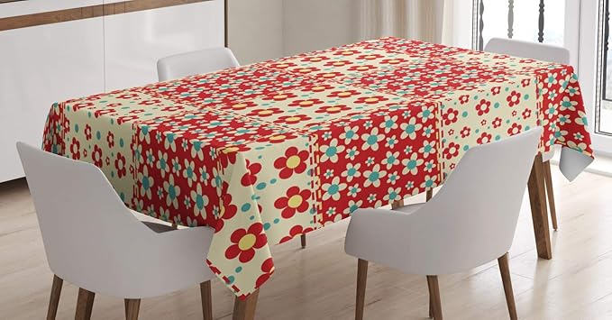 Ambesonne Cabin Tablecloth, Traditional Quilt Pattern with Spring Garden Flowers Daisy Bloom, Dining Room Kitchen Rectangular Table Cover, 52" X 70", Yellow Turquoise