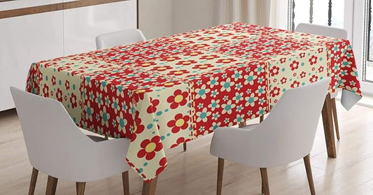 Ambesonne Cabin Tablecloth, Traditional Quilt Pattern with Spring Garden Flowers Daisy Bloom, Dining Room Kitchen Rectangular Table Cover, 52" X 70", Yellow Turquoise