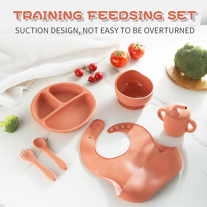 6-Piece Baby Feeding Set, Silicone Baby Mealtime Kit for Food-Grade Strong Suction Baby Plate+Baby Cup+ Bib+Fork+Spoon+Bowl, Toddler Eating Essentials Washable Parenting Gift Idea (Brick red)