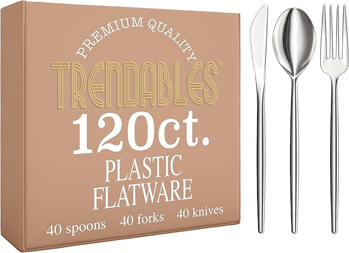 Trendables Silver Plastic Forks and Spoons Disposable Silverware Set 120 Pack Plastic Utensils Set Includes 3 x 40 each Knives & Soup Spoons & Silver Forks Disposable Cutlery For Parties and Events