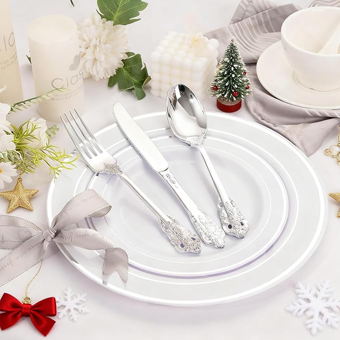 WDF 120PCS Silver Plastic Silverware - Heavy Duty Silver Plastic Cutlery Set - 40 Forks, 40 Spoons, 40 Knives, Perfect for Christmas Parties/Weeding