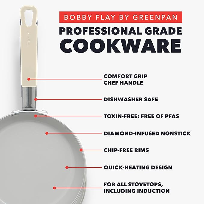 GreenPan x Bobby Flay 8" Nonstick Frying Pan Skillet, PFAS-Free Diamond Ceramic, Induction Suitable, Stay-Cool Silicone Handle, Easy Clean Dishwasher & Oven Safe, Egg & Omelet Pan, Cream