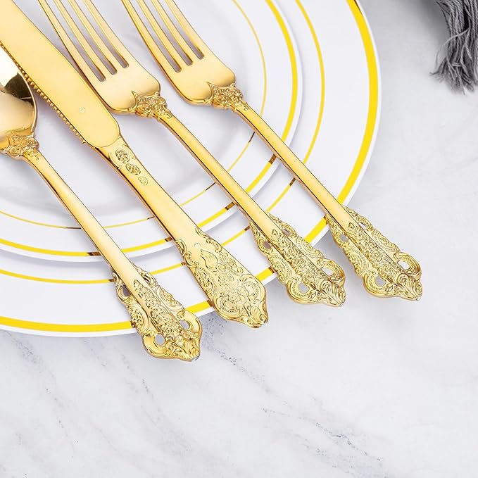 WDF 120PCS Gold Plastic Silverware - Heavy Duty Gold Plastic Cutlery Set Disposable Utensils - 40 Forks, 40 Spoons, 40 Knives, Perfect for Thanksgiving Party/Weeding and Daily Use