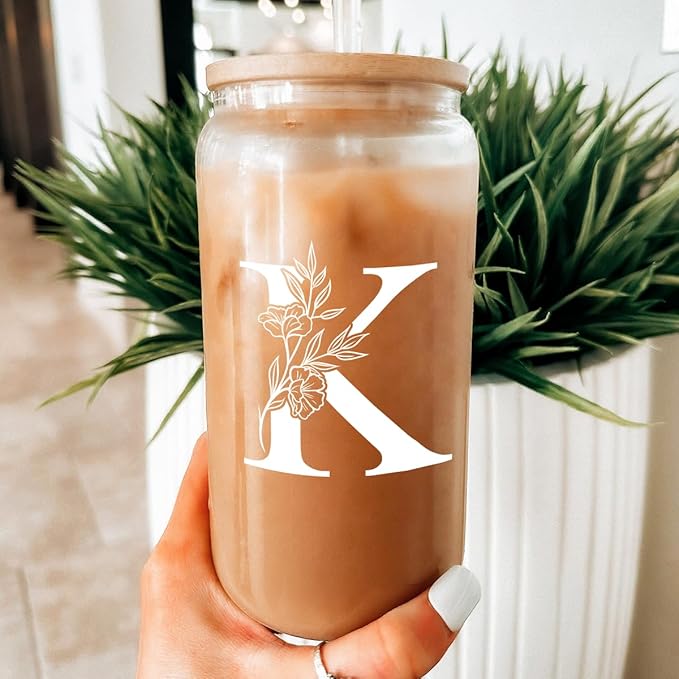 SANDJEST Monogrammed Gifts for Women - Monogram K Initial Glass Cup 16 Oz Can Coffee Cups with Lid and Straw - Monogram Initials Gifts for Womens on Birthday