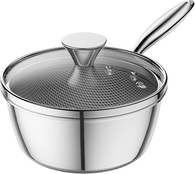 1 Quart Stainless Steel Saucepan with Glass Lid,6 Inch Hybrid Nonstick Sauce Pan,PFAS PFOA PTFE Free,Stay-Cool Handle,Dishwasher-Friendly,Oven-Safe,Small Pots Compatible with All Cooktops