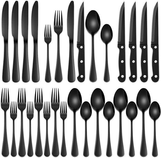 24-Piece Black Silverware Set with Steak Knives, Black Flatware Set for 4, Food-Grade Stainless Steel Tableware Cutlery Set, Mirror Finished Knife Spoon And Fork Sets for Home Restaurant