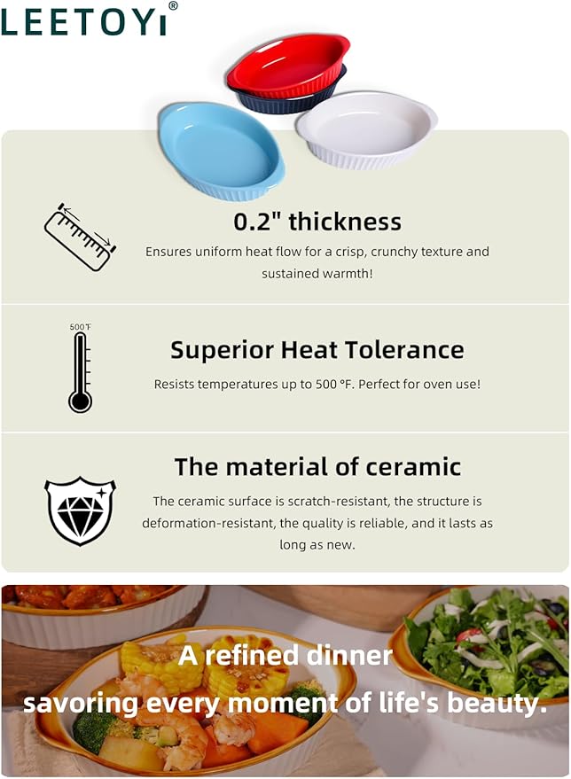 LEETOYI Porcelain Small Oval Au Gratin Pans,Set of 4 Baking Dish Set for 1 or 2 person servings, Bakeware with Double Handle for Kitchen and Home, Navy