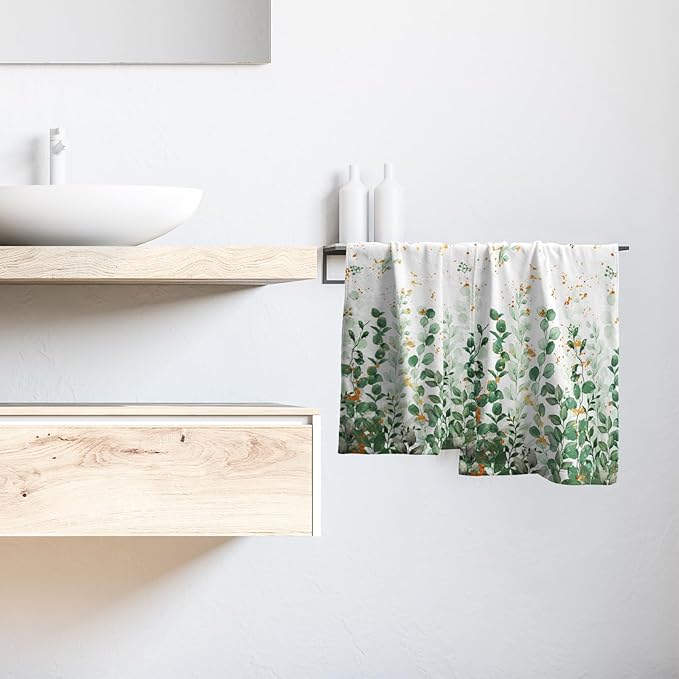 Imiss Green Eucalyptus Hand Towels Set of 2 Watercolor Botanical Leaves Washcloth Spring Summer Decorative Kitchen Bathroom Towel 14.4"x28.3" Multipurpose Bath Guest Towels for Gym,Spa,Hotel