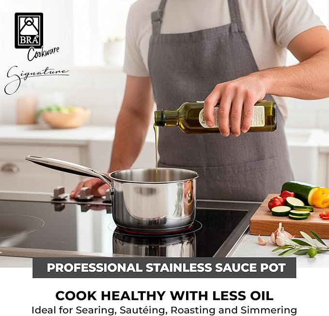 BRA COOKWARE Signature Stainless Steel Sauce Pot w/Glass Lid | 7 Inch 1.4 Quart Professional Grade Saucepan | PFOA Free Warming Pot | All Cooktops | All Cooktops (incl. Induction) & Oven Safe