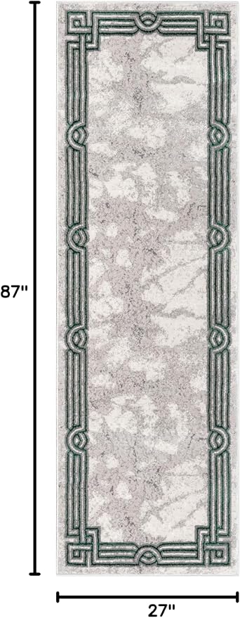Well Woven Lezlee Abstract Modern 2'3" x 7'3" Runner Rug - Emerald Green Marble Border - for Hallway, Entryway, Kitchen
