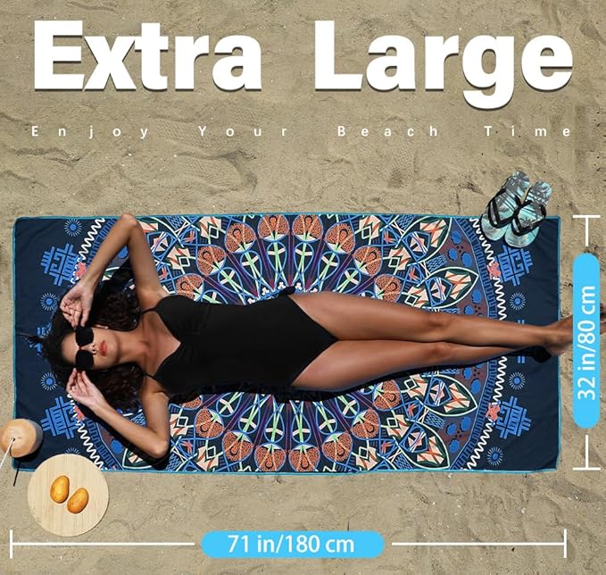 2 Pack Microfiber Lightweight Beach Towel Sand Free Quick Dry Absorbent Thin Compact Towels for Swimming Pool Camping Beach Accessories Large Easy Pack Travel Things for Vacation Essentials Gift