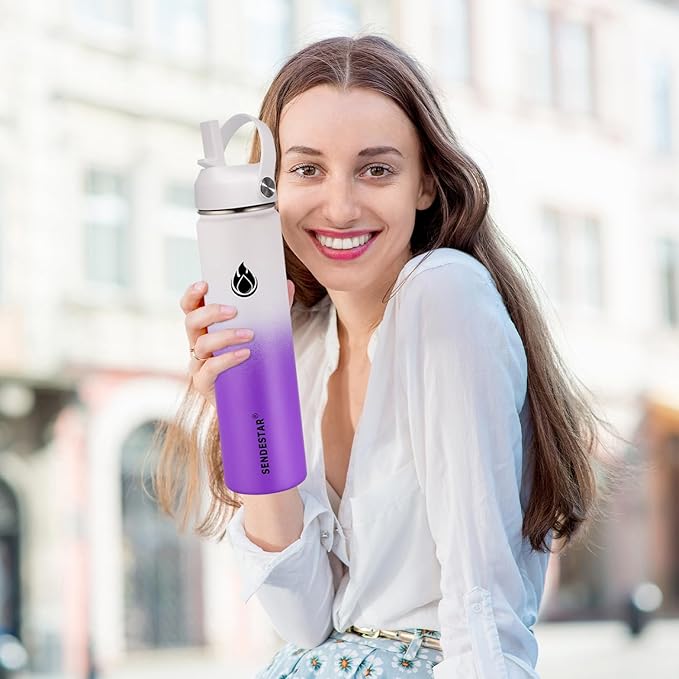 SENDESTAR Water Bottle 32oz Double Wall Vacuum Insulated Leak Proof Stainless Steel Sports Water Bottle—Wide Mouth with New Flex Straw Lid & Spout Lid (White&Voilet)