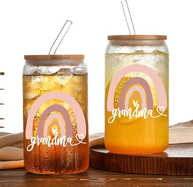 Grandma Glass Cups with Lids and Straws, Glasses Drinking Set, Mother's Day, Birthday, Christmas Gifts for Grandma or Mom, 16 Oz