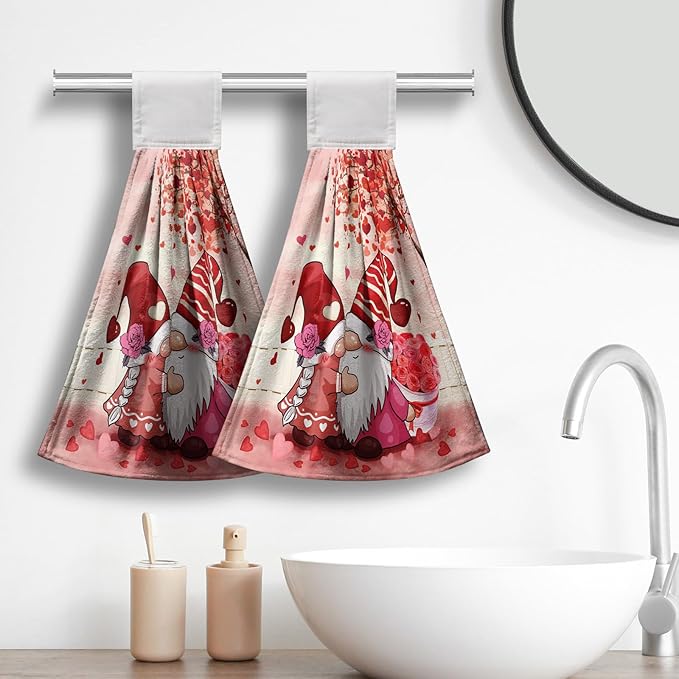 Valentines Gnome Kiss Bathroom Hand Towels with Loop Set of 2 Pink Hearts Rose Hanging Dish Kitchen Towels 17 x 12 inch Soft Absorbent Sweet Love Tie Towel Dishcloths for Washroom Bathroom Kitchen