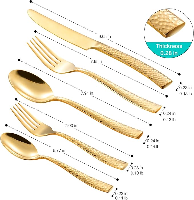 Silverware Set Gold Hammered Pattern Flatware Cutlery Stainless Steel Mirror Polished Utensil 20-Piece Spoons Forks and Knives Dishwasher Safe Service for 4
