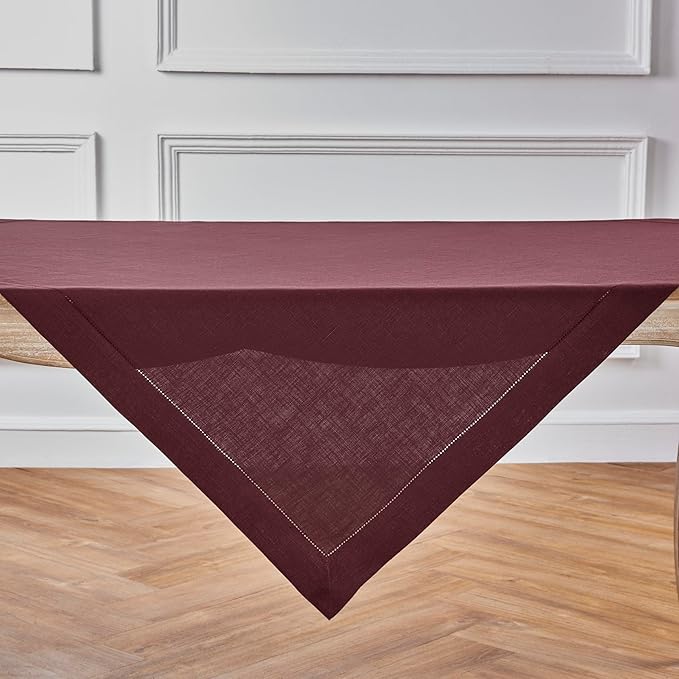 Solino Home Linen Square Tablecloth 52 x 52 Inch - 100% Pure Linen Burgundy Table Throw - Classic Hemstitch, Machine Washable Table Cloth for Holiday, Winter, Valentines