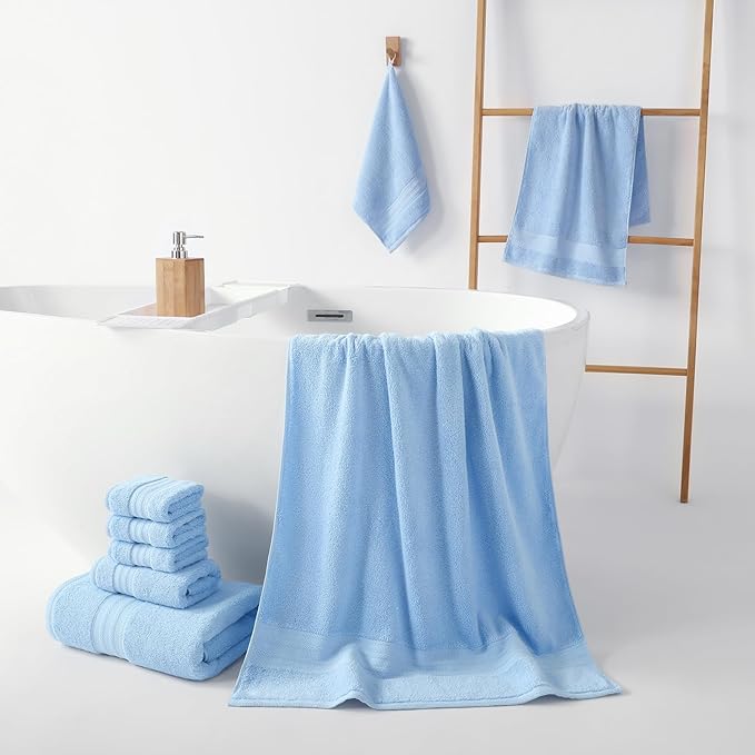 REDKISS Blue Towel Set of 8-100% Cotton Luxury Bath Towels Set for Bathroom, 600 GSM Highly Absorbent Bathroom Towel with 2 Large Bath Sheet, 2 Hand, 4 Washcloths, Blue Shower Towels for Dorm