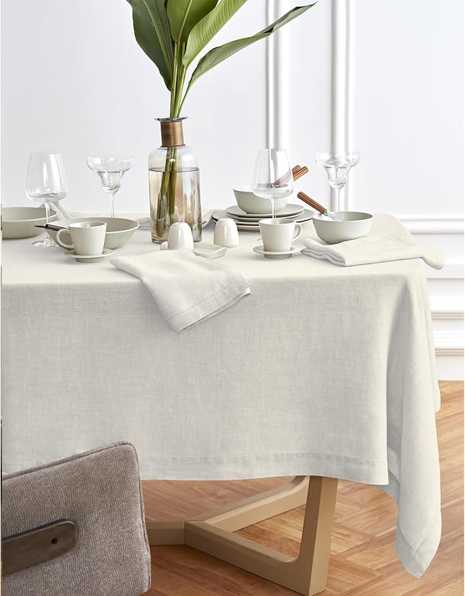 Solino Home Linen Tablecloth for Rectangle Tables 70 x 144 Inch - 100% Pure Linen Light Flax Table Cloth - Sonoma, Machine Washable Cloth Tablecloth for New Year