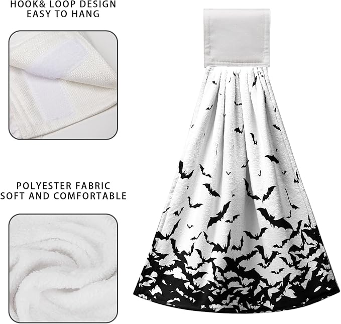 Halloween Hanging Kitchen Towels Spooky Bats Hand Tie Towel Scary Black Halloween Dish Tea Towels with Loop or Tabletop Bathroom Home Decorations