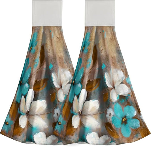 Giwawa Teal Floral Kitchen Hand Towels Abstract Canvas Hanging Tie Towel 2PCS Soft Dish Cloth Fingertip Towel for Bathroom Restroom Home Decor
