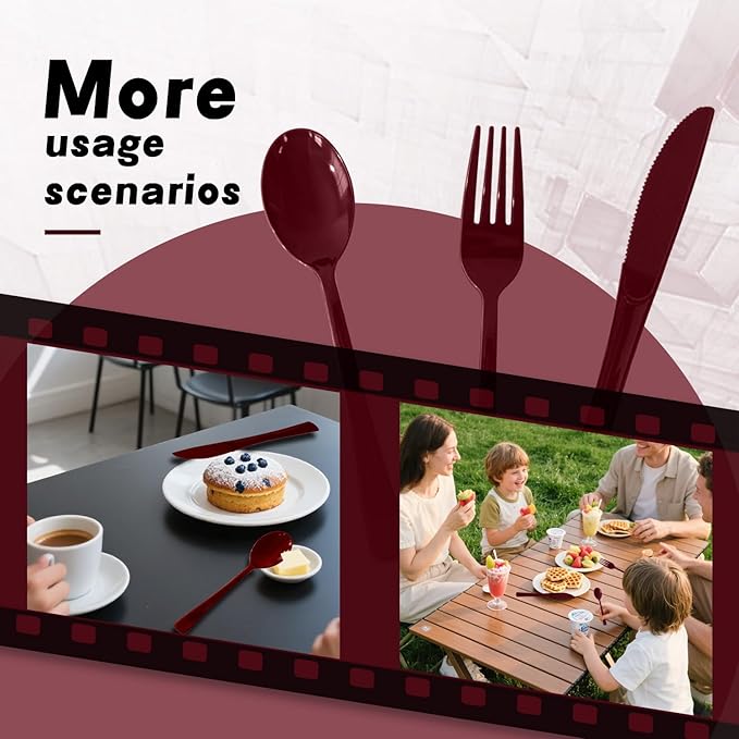 300 Pack Disposable Plastic Silverware, Heavy Duty Burgundy Plastic Cutlery Set Includes 100 Forks 100 Knives 100 Spoons for Birthday Wedding Party Picnics (300, Burgundy)