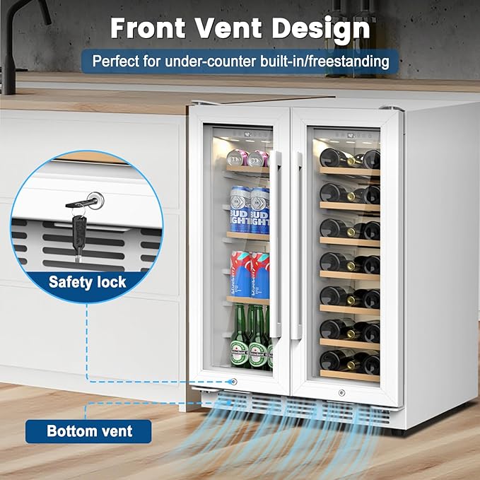 24 Inch Dual Zone Wine and Beverage Refrigerator - Under Counter Built-in/Free Standing Beverage Cooler with Glass Door,Beverage Fridge with Large Capacity, Advanced Cooling System, White