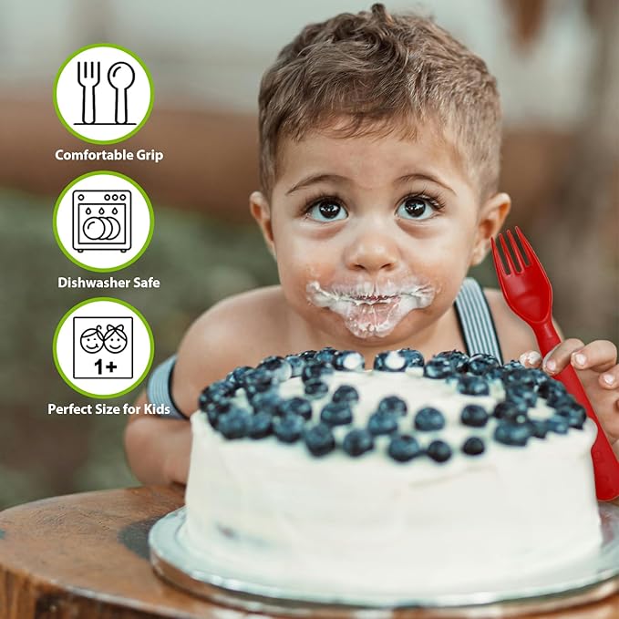 12 Pcs Kids Spoons and Forks Toddler Utensils Plastics Reusable Silverware Baby Cutlery Set Feeding Dinnerware Utensils BPA Free Microwave Dishwasher and Freezer Safe- Red