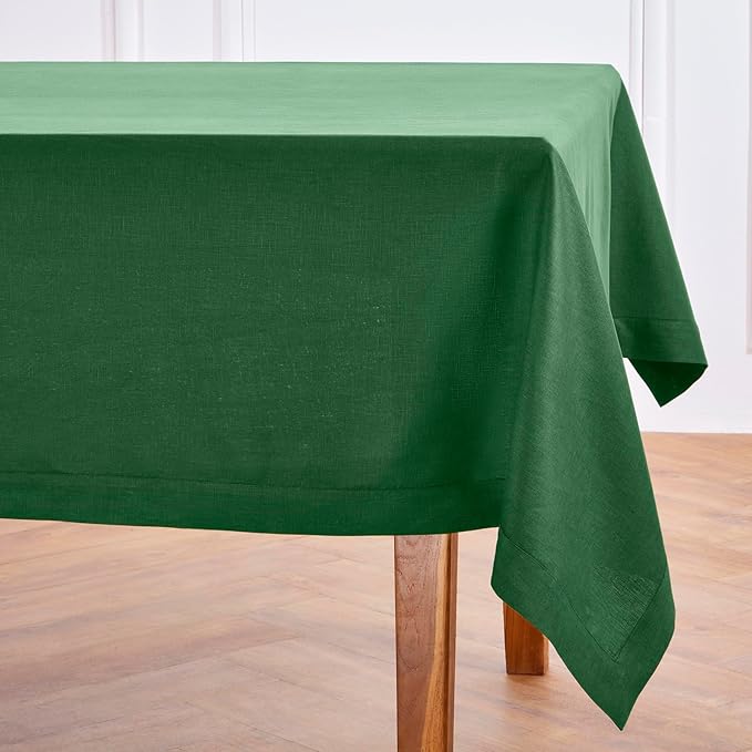 Solino Home Linen Tablecloth 60 x 120 Inch - 100% Pure Linen Pine Green Table Cloth for Rectangle Tables - Fete, Machine Washable Tablecloth for New Year