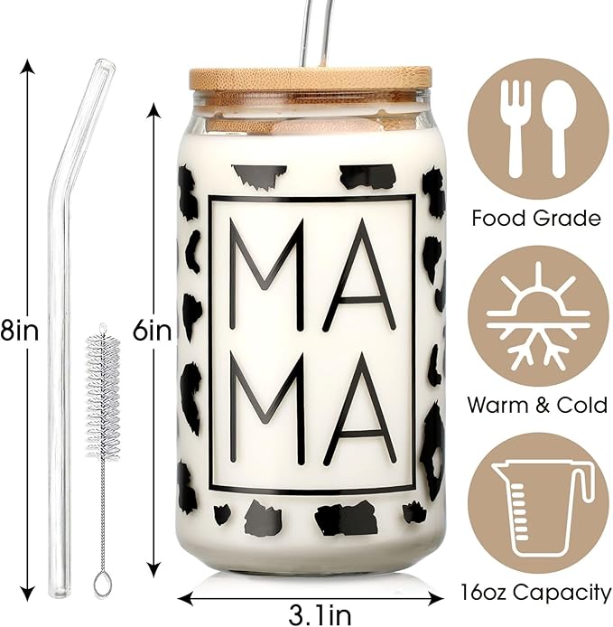 Mama Cup Gifts from Daughter Son, Mothers Day Christmas Gifts for Mama, Personalized Birthday Gift for Mother, Thank You Gift Ideas for Mom, New Mom for Women - 16 oz Iced Coffee Glass Cup