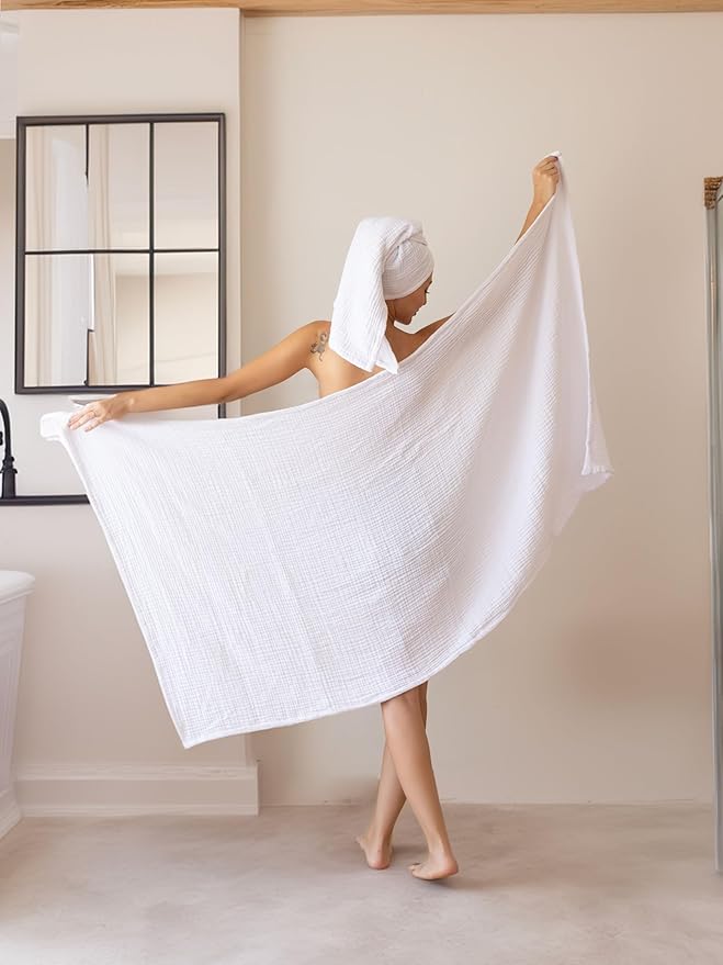 4 Pieces Muslin Towel Set for Bathroom, Luxury 100% Turkish Cotton Thin Soft Quick-Dry Lint-Free Large Size Bath Hand Towel Sets (White, 2 Bath & 2 Hand Towel Set)