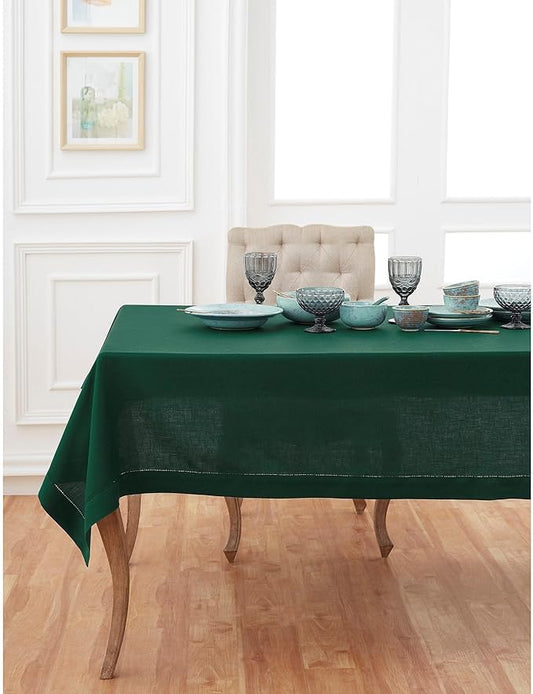 Solino Home Linen Tablecloth for Rectangle Tables 60 x 132 Inch - Classic Hemstitch 100% Pure Linen Rainforest Green Table Cloth - Machine Washable Cloth Tablecloth for Winter