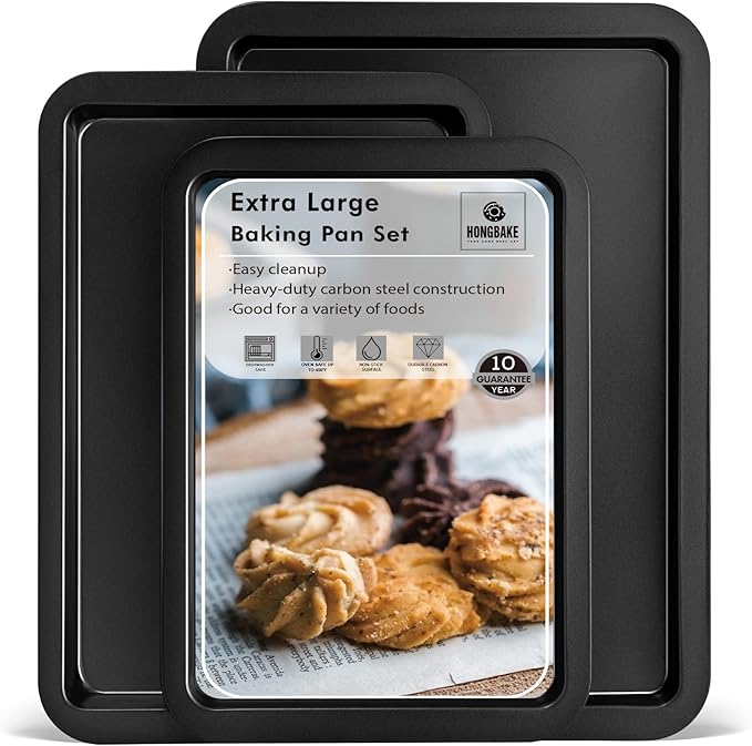 HONGBAKE XL Large Baking Sheet Set-19x13.25 in, Large Cookie Sheet Pan, Nonstick Oven Tray with Wider Grips, 3 Pack Bakeware, Dishwasher Safe - Dark Grey