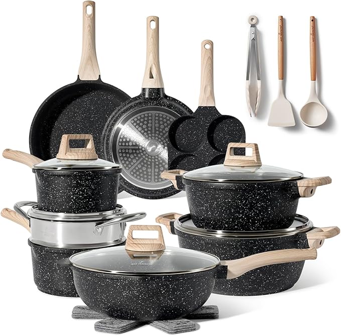 JUST PERFECTO Kitchen Pots and Pans Set with Lids Non Stick - Induction Pots Set - Pots & Pans Set without PTFE and PFOA - Cookware Pot Set Induction 21 Pcs (black)