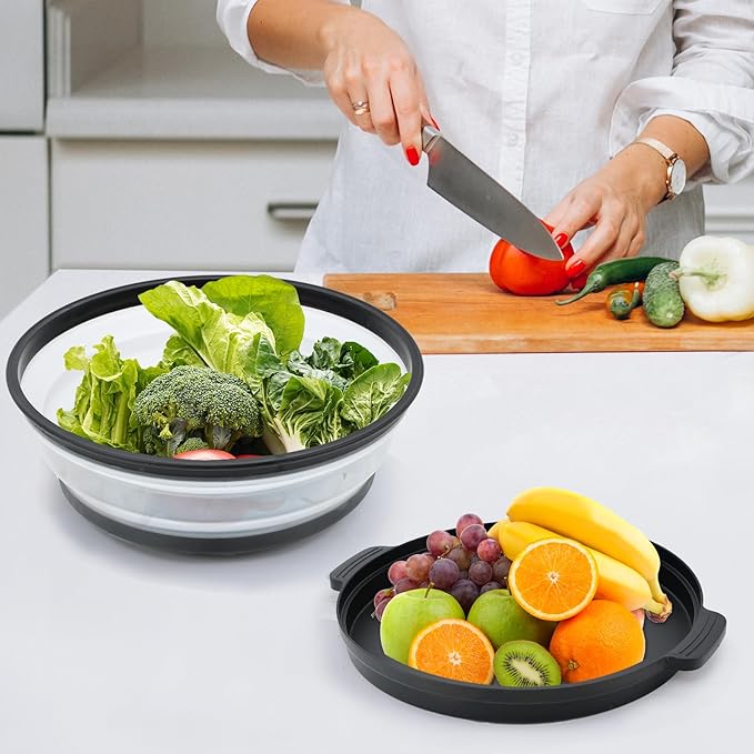 Microwave Splatter Cover for Food with Anti-scald Base Plate,Large Plastic & Silicone Vented Avoid Scalding Collapsible Guard Lid, Plate & Kitchen Colander for Meal Prep-10.7 Inch (2pcs-Gray-Black)