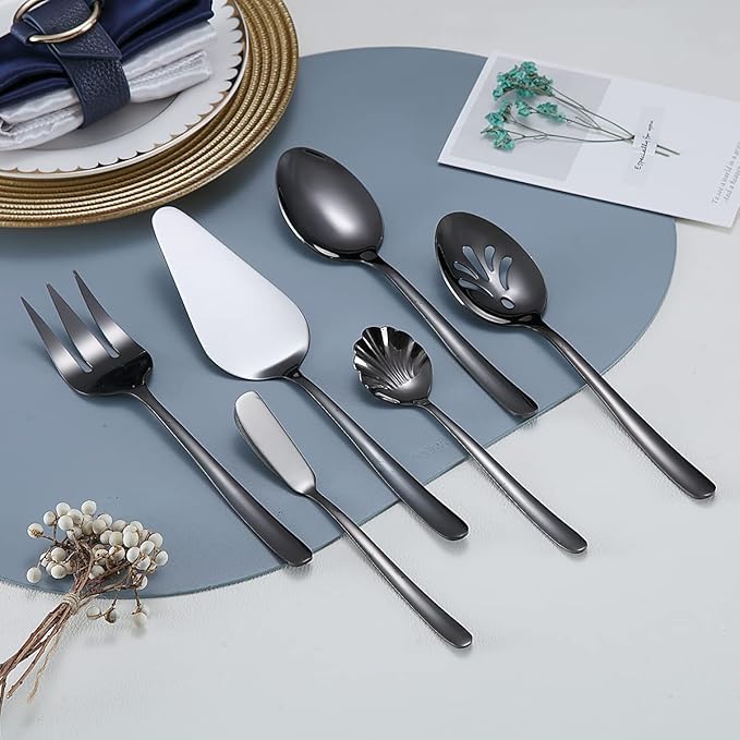 Black Stainless Steel Flatware Set 46 Piece, Cutlery & Utensil Set - Cake Server, Serving Spoon, Fork, Sugar Spoon, Butter Knife (Shiny Black)