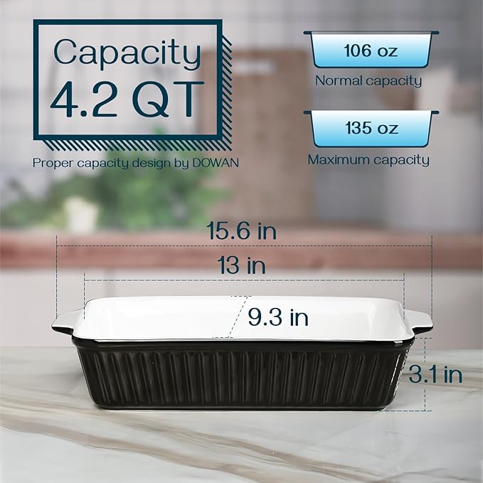 DOWAN 9x13-Inch Casserole Dishes for Oven, Ceramic Baking Dish, Large Lasagna Pan Deep, 4.2 Quarts Baking Pan with Handles, for Casserole, Bakeware, Lasagna, Home Kitchen Gift, Black