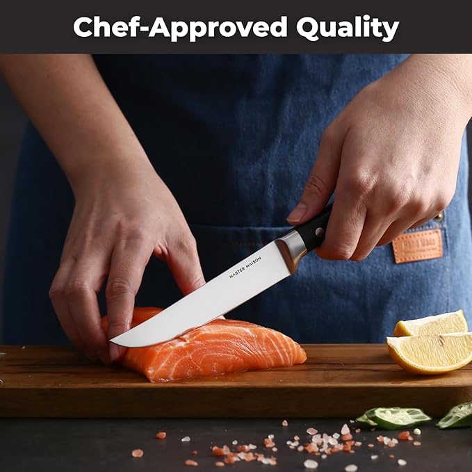 Master Maison 8-Piece 5" Ultra Premium Steak Knife Set | 8 German Non-Serrated Stainless Steel Kitchen Steak Knives + Storage Gift Box | Anti-Fatigue Ergonomic Full-Tang Triple-Riveted Handle (Black)