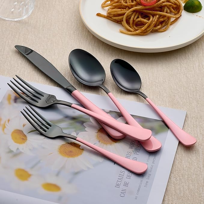 20-Piece Black Silverware Set 18/0 Stainless Steel Silverware Set Light pink Handle Cutlery Set Service for 4 Dinner Knives Forks Spoons Set Flatware Set Finish Dishwasher Safe