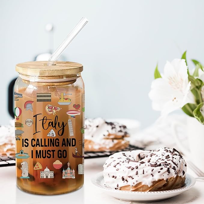 Italy Travel Essentials - Cute Glass Cup with Lids and Straws, 16 Oz Tumbler for Women's Birthday, Christmas, Travel Gifts