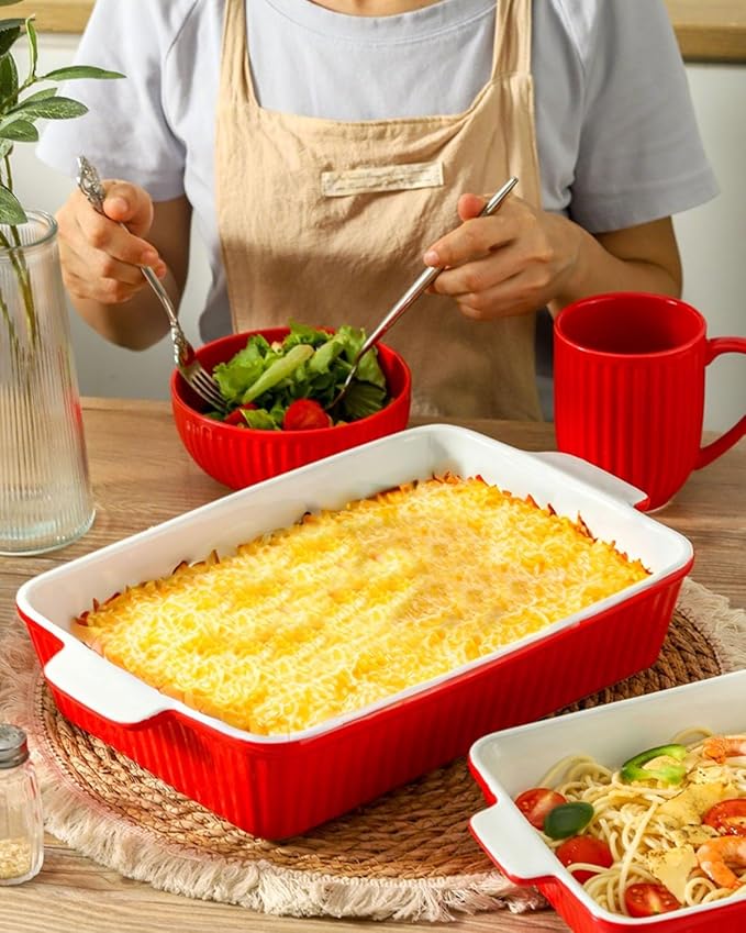 Hasense Ceramic Baking Dishes, Casserole Dishes for Oven, Rectangular Lasagna Pans Deep, 9 x 13 Inches Baking Pan with Handle, Easy to Clean, Mother's Day & Christmas Gift, Red