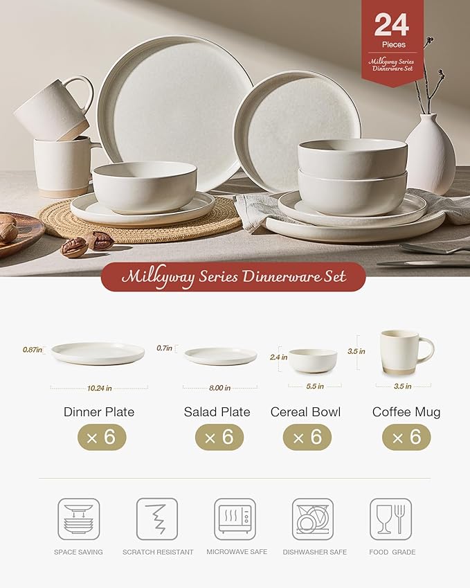 Famiware Milkyway Stoneware Dinnerware Sets with Mugs, Service for 6 (24 Pieces), Reactive Glaze Plates and Bowls Sets, Microwave and Dishwasher Safe Dishes Set, Matte Beige White