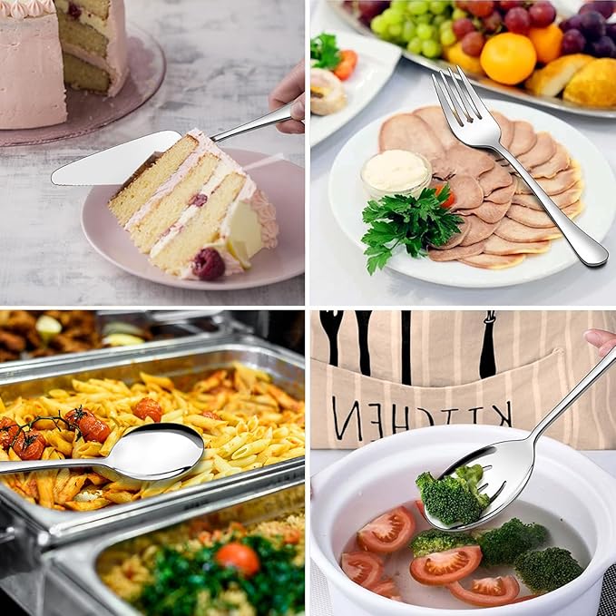 Serving Utensils, XEVOM 6-Piece Stainless Steel Serving Utensil Set Include Serving Spoon, Slotted Serving Spoon, Serving Fork,Serving Tong, Appetizers Tong,Pie Server (Silver), Regular
