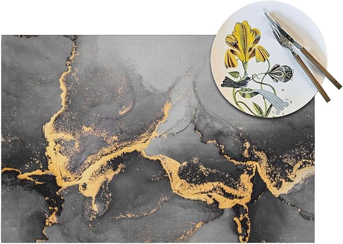 Black Gray Gold Marble Placemats Set of 4 Linen Decorative Table Mat for Dining Table Kitchen Farmhouse Outdoor Home Decor 12"x18" Abstract Modern Place Mats