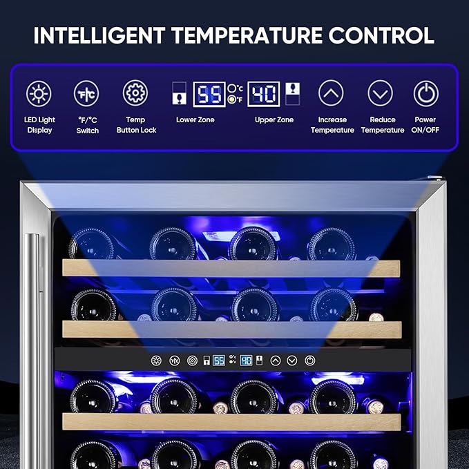 24 Inch Wine Cooler Refrigerator, 46 Bottle Dual Zone Wine Fridge with Stainless Steel Glass Door, Adjustable Shelves, Upgraded Compressor, Built-In Freestanding for Home, Bar, Kitchen