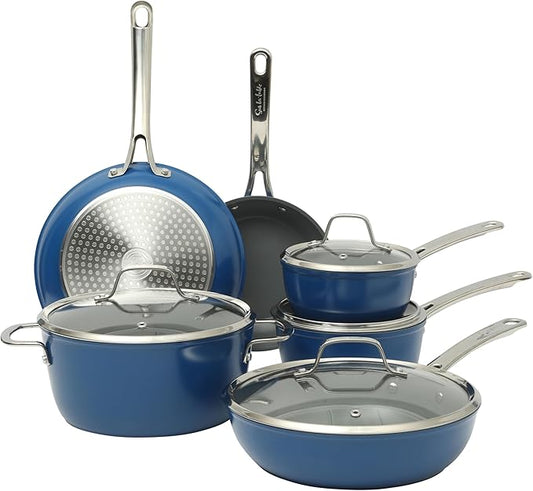 Sur La Table Kitchen Essentials Cool Commune Hard Anodized 10 Piece PFA Free Ceramic Non stick Interior Forged Durable Aluminum Pots and Pans Cookware Set - Blue - Induction Compatible